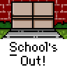 A 4x3 contact sheet of a pixel art animation showing school-themed scenes with stick figures and text "School's Out!" across multiple frames.