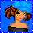 Pixel art contact sheet showing three frames of an animated buddy icon with a cartoon woman, text elements, and blue background.