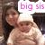 A four- shows a woman holding a baby with changing text overlays: 'big sis', 'lil sis', and '<33' in pink