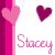 Pixelated icon with pink vertical stripe, two heart shapes, and handwritten-style text reading 'Stacey' on white background.