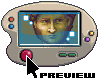 Pixel art of a handheld gaming device with a screen showing a pixelated face, surrounded by blue squares and a red button being pressed.