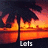 A pixelated sunset scene with palm trees and water reflection, featuring changing text overlays.