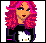 Pixel art of a character with pink curly hair and blue eyes, wearing black clothing with a white cat graphic on the chest.