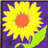 A pixelated sunflower with yellow petals, orange center, and green leaf against a purple background.