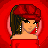 Pixelated red-themed icon featuring a woman with brown hair, red headwrap, and off-shoulder top; central figure has black star on chest and blue patterned lower body.