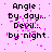 Pixelated text on pink background with scattered magenta dots; repeated phrases 'Angle by day... Devil... by night' in black block letters across multiple