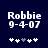 Two side-by-side pixelated text displays on dark blue background showing 'Robbie 9-4-07' with white and gray plus symbols below.