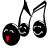 Pixelated static icon of three black musical notes with cartoon faces, one note having a red mouth.