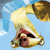 A cartoon character with a large yellow body and brown head is upside down against a light blue sky background with white clouds.