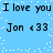 Blue background with white pixelated dots; repeated black text "I love you" and "Jon <33" in four