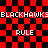 Red and black checkered background with repeated 'BLACKHAWKS' text at top and bottom, 'RULE' text in middle, and a pixelated skull graphic on the right side.