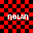 Red and black checkered background with four instances of the text 'nolan' in white pixelated font, two on each side of a central pattern