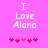 Pixelated text "I Love Alana" on bright pink background with red and pink heart icons below.