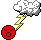 Pixelated red circular face with angry expression, white cloud above emitting yellow lightning bolts toward the face.