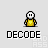 Pixel art character with white spherical head and yellow body holding blue object, displayed in with 'DECODE' text below each frame