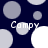 Dark blue background with scattered light gray and white circles; four instances of the word 'Campy' in a stylized font overlaid on the pattern.