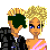 Animated sequence showing two figures with blonde hair and blue eyes, one in a black jacket over white shirt, the other in pink striped top, with text labels changing across frames.