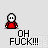 Pixel art animation of a red-shirted character reacting to blue liquid splashing, with repeated 'OH FUCK!!!' text and one frame showing 'OOH YEAHH!' in speech bubble.