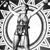 Pixelated grayscale image of a figure holding a long object, framed by curved lines on both sides.