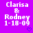 Purple background with white text reading "Clarisa & Rodney 1-18-09" and small blue heart or arrow symbols in different positions across frames.