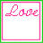 Six square display pixelated text and symbols in pink, green, and white with a green border