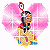 Pixelated heart-shaped icon with pink gradient background, featuring a figure in traditional attire with feathered headband and red necklace, seated with hands clasped.