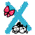 Four pixelated blue X-shaped icons with pink butterflies and cartoon faces, arranged in a showing butterfly position changes