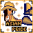 Pixel art contact sheet showing two frames of an animated AIM buddy icon featuring a cartoon woman with long dark hair wearing a straw hat and yellow dress, standing against a white background with orange floral patterns and black text reading "ASIAN PRIDE" at the bottom.