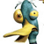 Pixelated cartoon character with blue body, yellow limbs, and large round eyes in dynamic pose against white background.