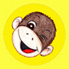 A cartoon monkey face in nine circular yellow frames showing sequential expressions and head positions.