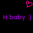 Pixelated pink heart symbol above two identical purple text strings reading 'N.baby :]' on black background.