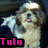 Pixelated image of a light-colored dog with dark eyes and nose, mouth open showing pink tongue, standing against dark background with bright white spot above head.