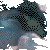 Pixelated abstract composition with dark teal, black, and light blue tones forming irregular shapes against a white background.