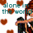 Pixelated icon with teal text 'alone in the world' over white background, brown hearts scattered around a character holding an object.