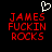 Red pixelated text reads 'JAMES FUCKIN ROCKS' on black background with white heart outline above text.