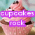 Pixelated image of a pink cupcake with brown frosting swirls and dark spots, overlaid by purple text reading 'cupcakes rock' in white letters.
