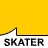 Animated contact sheet of a stick figure skater performing tricks on yellow ramps with "SKATER" text repeated below each frame.