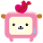 Pixelated pink square character with rounded corners, brown side ears, black eyes, and a mustache-like mouth; top has red heart-shaped prop.