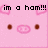 Pixelated pink background with text and animated elements showing 'im a ham!!!' and 'o yeah!' with brown dots and pink swirls.