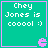 Four identical teal squares with pink borders each display white pixelated text reading "Chey Jones is coooool :)" and a small purple Pac-Man-like icon in the bottom-right corner.