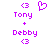 Pixelated purple text and symbols on white background, showing two variations of a buddy icon with names 'Tony' and 'Debby' and heart/bracket icons.