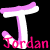 A 2x2 contact sheet of four animated frames showing a stylized 'T' logo with the name 'Jordan' in varying colors and backgrounds, each frame displaying different color combinations for text and background.