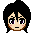 Four pixel-art character faces with black hair and purple eyes, each showing distinct facial expressions against a gray background.