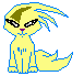 Four pixelated yellow cat-like creatures with blue outlines and green stripes on their heads, each in a seated pose against gray background.