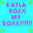 Pixelated text on cyan background with green plus signs, displaying 'KAYLA ROXX MY SOXX!!!!!!' in pink and purple letters.