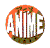 Circular icon with orange and brown border containing white text "ANIME" on left, transitioning to swirling patterns of white lines on orange-brown background