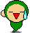 Pixelated character with green hair and clothing, red triangular mouth, closed eyes, blue headphones, standing against gray background.