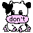 Pixel art cow icon with pink text bubbles across three frames showing sequential text: don't, eat, me