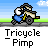 Animated pixel art contact sheet showing 14 frames of a tricycle character with white face and blue body riding past houses, grass, and clouds on gray road background.