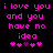 Pixelated pink text on black background reads 'i love you and you have no idea' with five heart symbols below, two versions differ in fourth heart color.